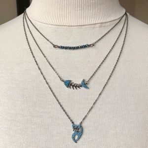 Handmade Three Layer Blue Cubic Zirconia Cat - Fishbone - Beaded Bar Necklace